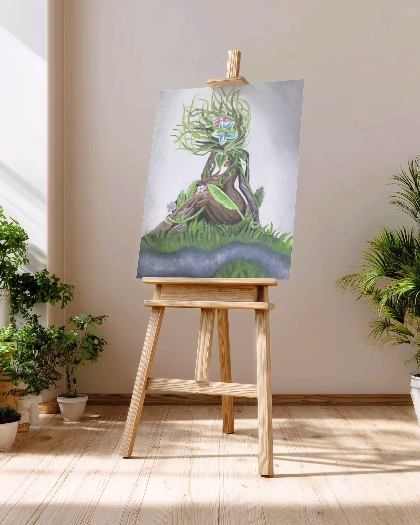 Painting on easel of a humanoid figure made of wood and leaves sitting on grass beside a stream.