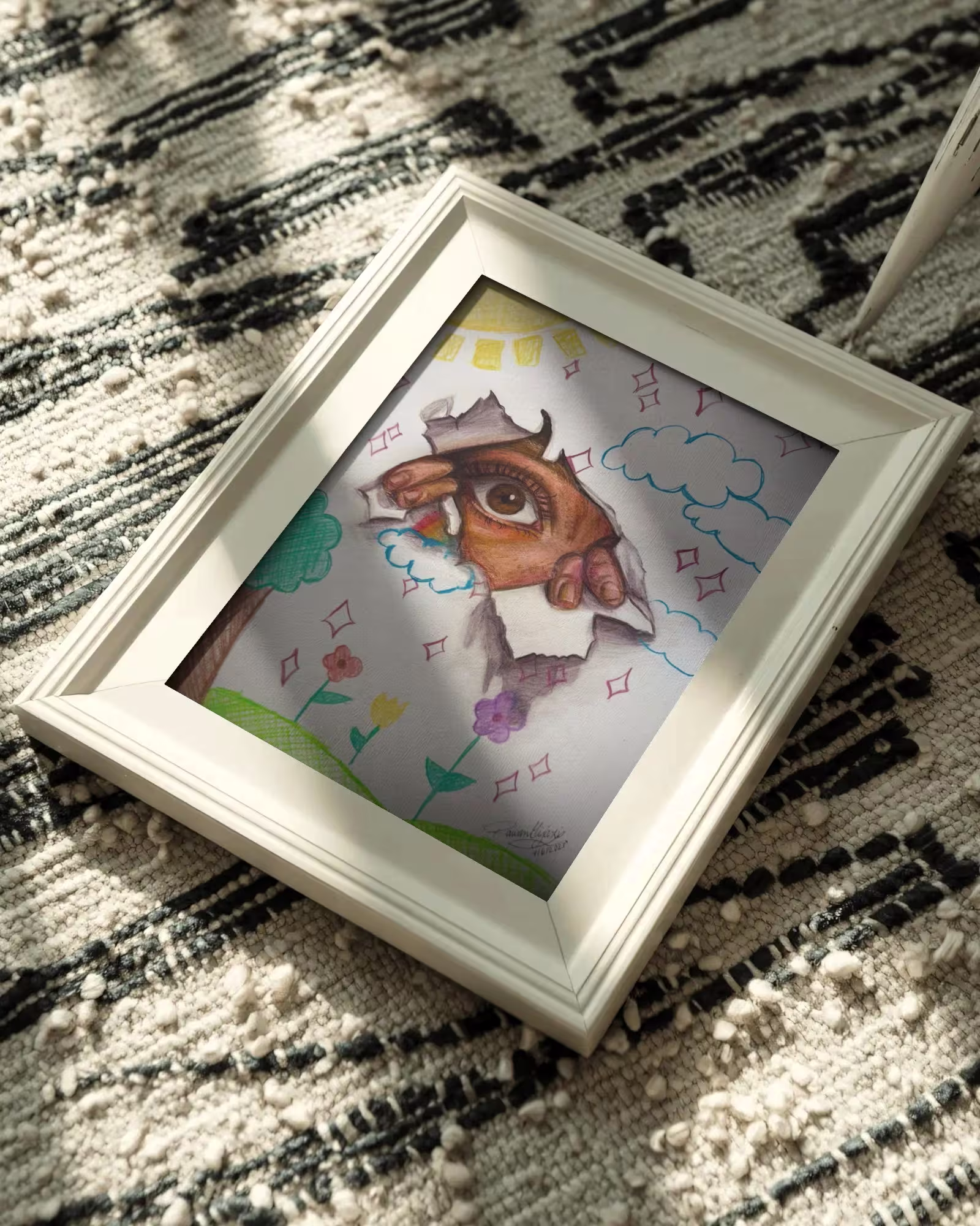 Framed drawing of a hand tearing through paper with an eye, clouds, flowers, and tree on patterned rug.