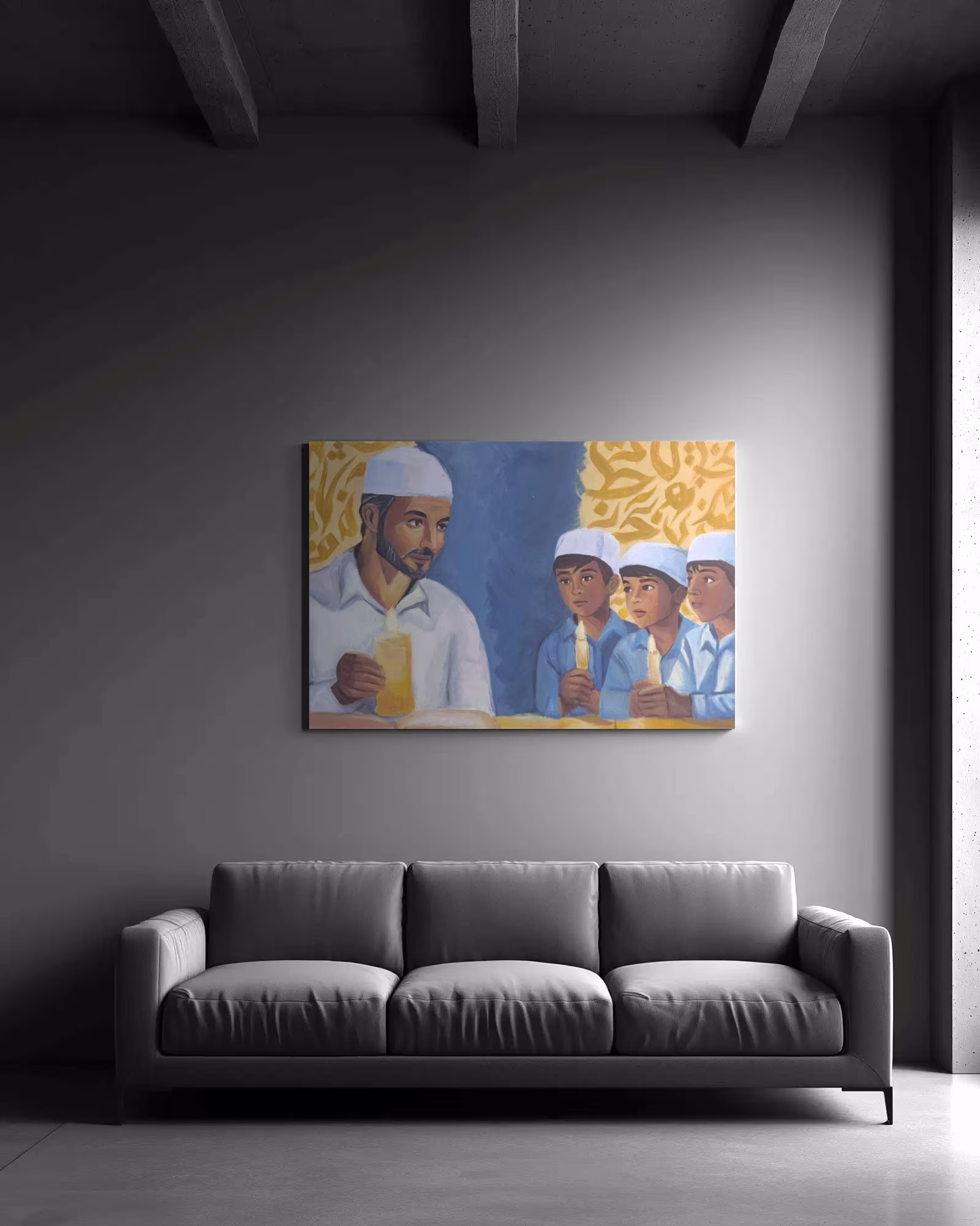 Painting of a teacher and three boys wearing white caps, each holding a lit candle, on a gray wall above a sofa.